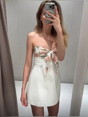 ZARA NWT Floral Scarf Mini Dress Off Shoulder Bow White Medium